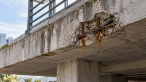 Dalle en béton fissurée avec un éclat laissant apparaître des armatures rouillées.