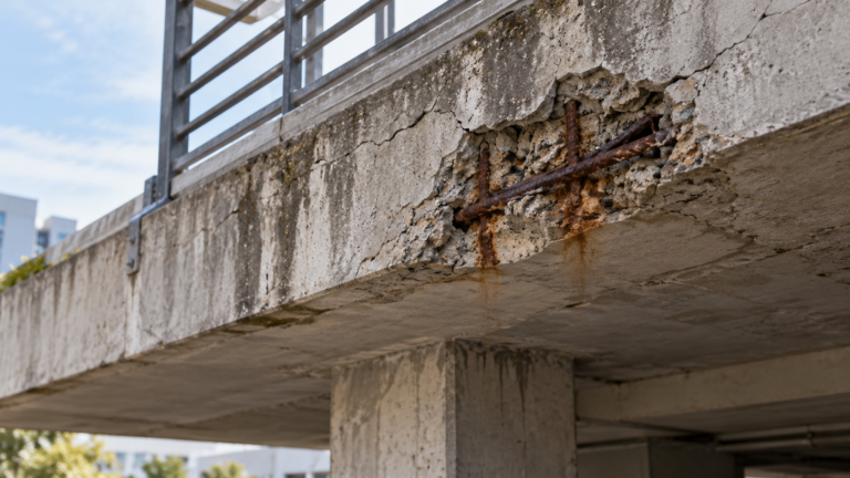 Dalle en béton fissurée avec un éclat laissant apparaître des armatures rouillées.